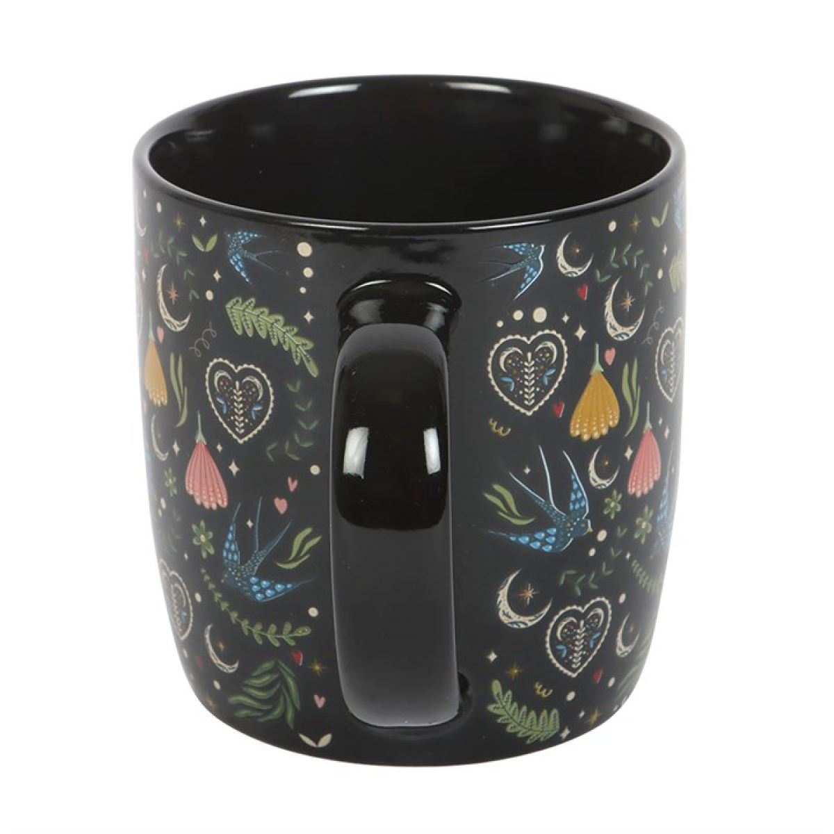 Midnight Bloom Floral Mug – Folk Art Black Ceramic Coffee Cup