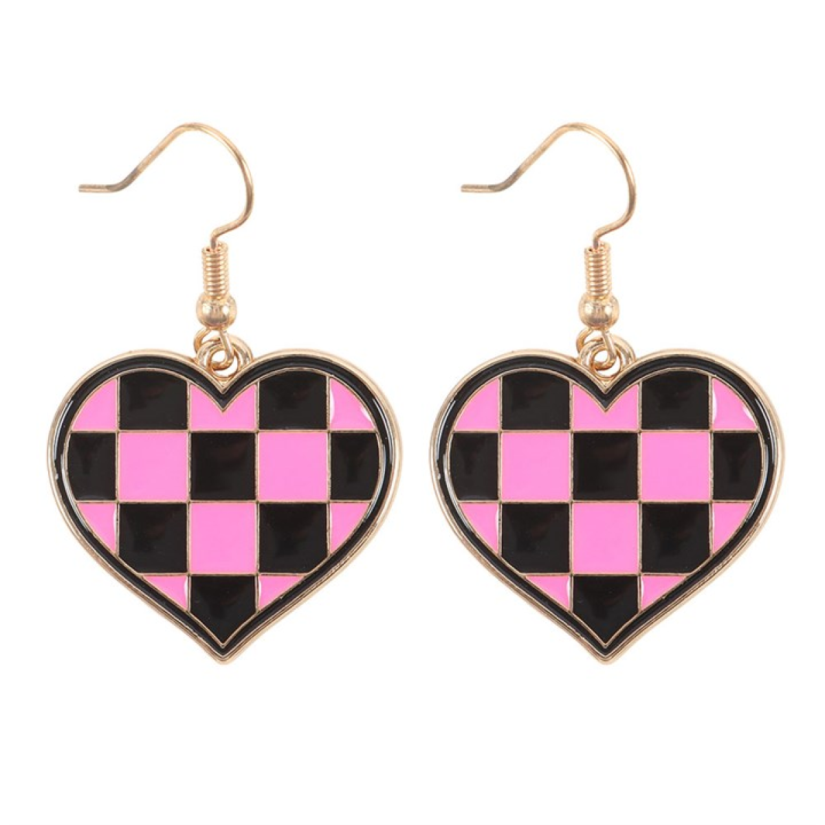 Checkerboard Heart Earrings – Pink & Black Alternative Jewellery
