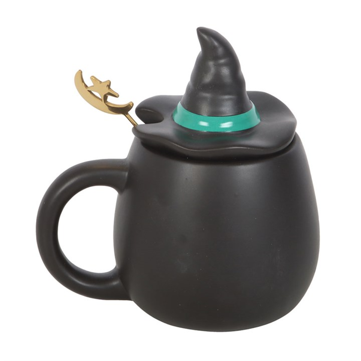 Bad Witch Mug with Hat Lid & Moon Spoon – Green Ceramic Gothic Cup