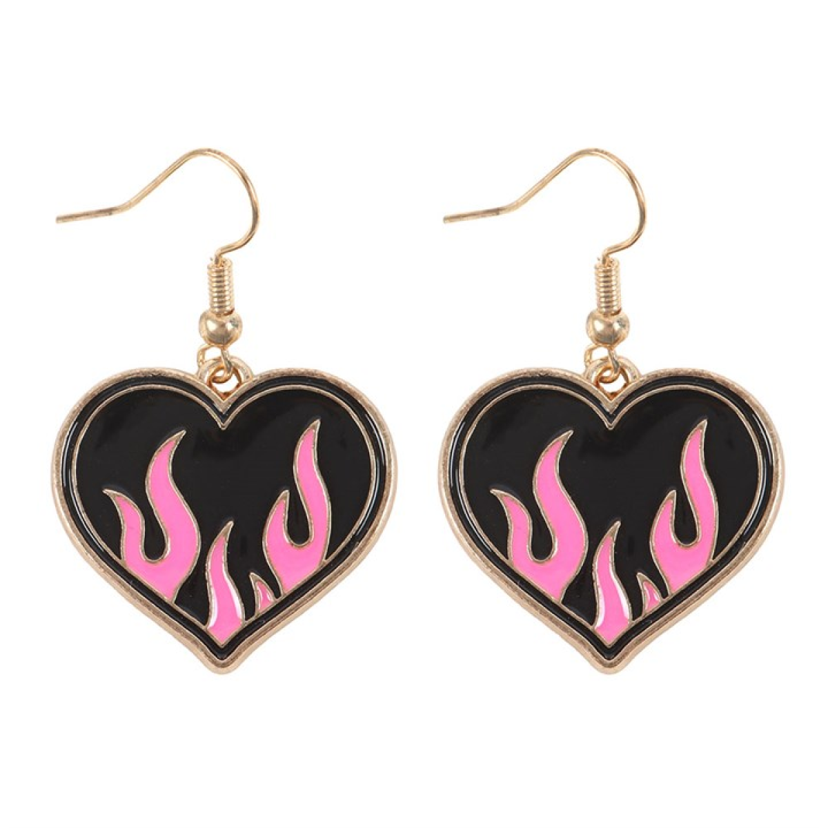 Burning Heart Earrings – Pink & Black Flame Y2K Gothic Jewellery