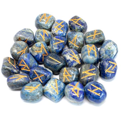 Unlock the secrets of divination with this stunning Lapis Lazuli Rune Set, handcrafted and engraved with the Elder Futhark alphabet. Each set includes 25 runes: 24 featuring sacred symbols and one blank rune for fate and the unknown. Carried in a soft pouch for safe keeping, these runes are ideal for spiritual readings, meditation, or daily guidance rituals.

Lapis Lazuli, known as the Stone of Wisdom and Truth, enhances mental clarity, deepens intuition, and stimulates spiritual insight. It's especially po