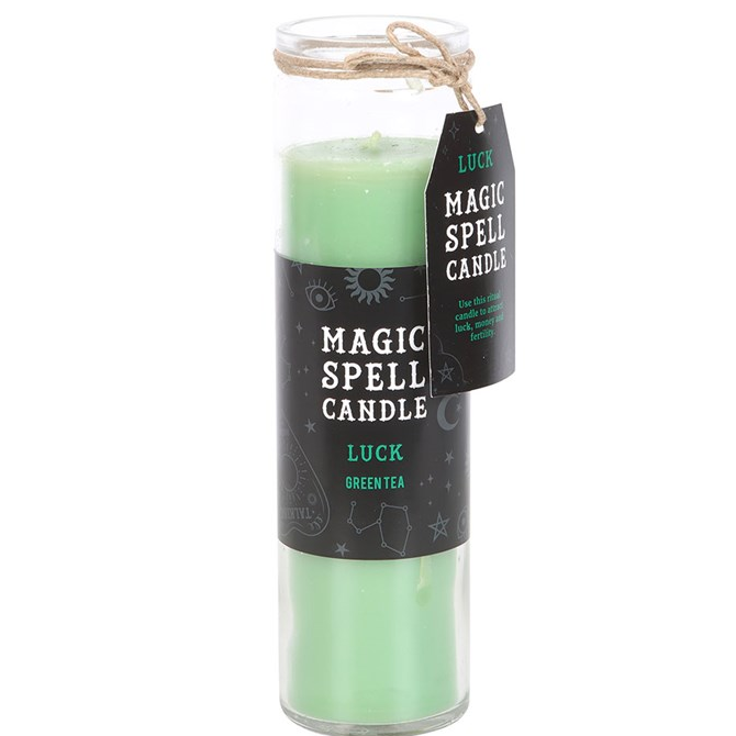 Inspired by traditional 7 day prayer candles, this Good Fortune Magic Spell candle is fragranced with refreshing green tea. It is ideal for rituals focused on luck, positivity and opportunity. Perfect for use as a sacred tool or as alternative home decor, this candle is designed to attract good fortune and success. Approximately 70 hour burn time. Made from paraffin wax. Please practice caution when burning and never leave a lit candle unattended.
