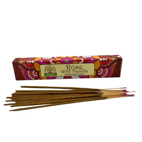 Embrace the mystical essence of the Namaste Mandala Masala Incense Sticks, where ancient tradition meets enchanting fragrance. Handcrafted with care, these sticks carry the sacred aroma of India, wrapped in boxes adorned with intricate mandala designs symbolizing unity, balance, and harmony. The captivating blend of rose petals and warm vanilla weaves a spell of romance and comfort, filling your space with tender, floral whispers. Let each fragrant wisp transport you to a serene realm, inviting love, peace,