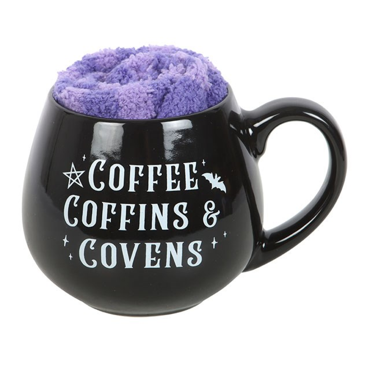 Coffee, Coffins & Covens Cauldron Mug & Fluffy Socks Gift Set – Witchy Comfort Duo