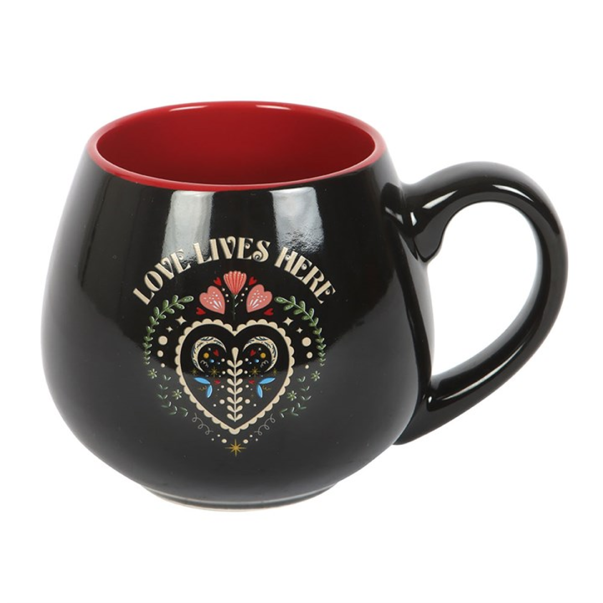 Love Lives Here Folk Heart Rounded Mug – Enchanted Hearthside Cup