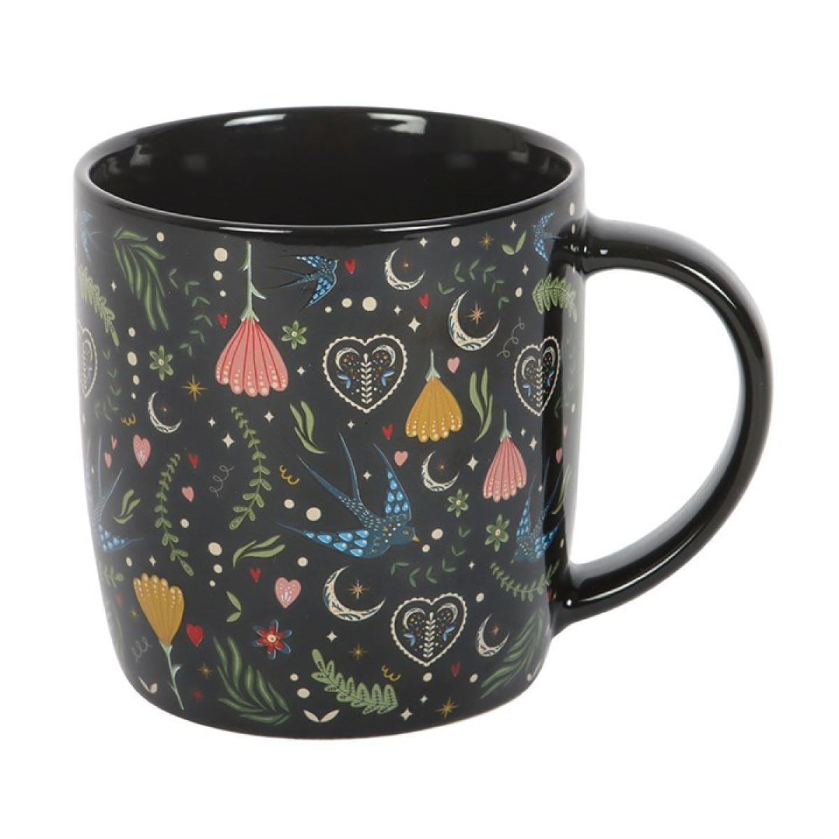 Midnight Bloom Floral Mug – Folk Art Black Ceramic Coffee Cup
