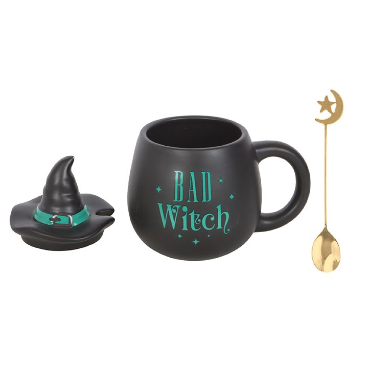 Bad Witch Mug with Hat Lid & Moon Spoon – Green Ceramic Gothic Cup