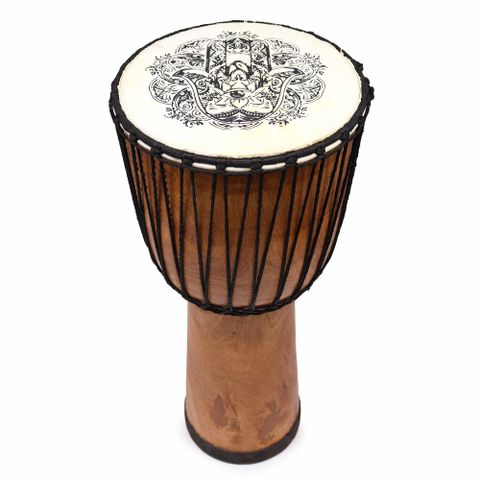 Immerse yourself in rich cultural tradition and powerful sound with our 50cm Wide Top Djembe Drum featuring a beautifully detailed Hamsa design on the skin. Handcrafted to honour the West African drumming legacy, this drum is designed to deliver deep, resonant bass tones thanks to its wider top and larger body.

The Hamsa—also known as the Hand of Fatima or Hand of Miriam—is a spiritual symbol recognised for offering protection, warding off the evil eye, and inviting good fortune. This makes the drum not on