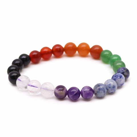 The Power Bracelet - Chakra Stones is crafted with Amethyst, Rock Quartz, Sodalite, Green Aventurine, Black Agate, Honey Crystal, and Carnelian, each aligned with one of the seven chakras to channel distinct energies. Amethyst awakens intuition and spiritual wisdom; Sodalite enhances truth and expression; Green Aventurine invites love and growth; Honey Crystal sparks creativity and confidence; Carnelian fuels passion and grounding; Black Agate offers protection and stability; Rock Quartz amplifies clarity a