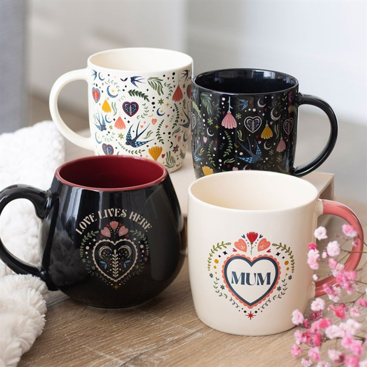 Midnight Bloom Floral Mug – Folk Art Black Ceramic Coffee Cup