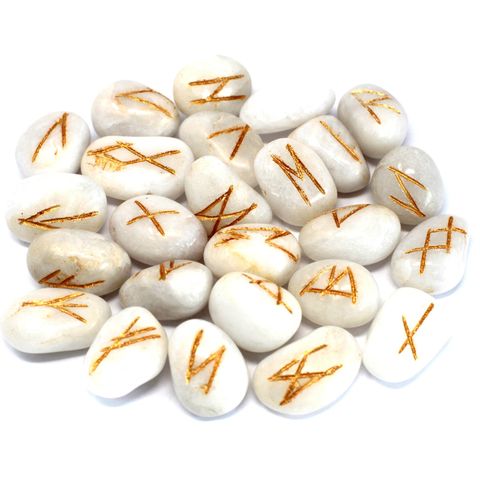 White Agate Rune Set with Pouch – 25 Semi-Precious Stones – The Witches ...