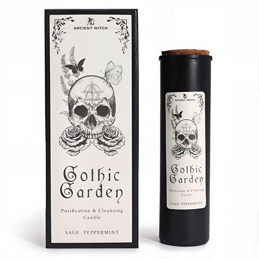 Summon the winds of transformation, my dear. The Ancient Witch Gothic Garden Candle is no mere decoration – it is a vessel of power, forged for the sacred rites of cleansing, release, and spiritual rebirth.

Infused with the clarifying essence of sage and peppermint, this candle banishes stagnant energy and welcomes fresh intentions with every flicker of its flame. The design—an ethereal skull entwined with black roses—speaks of endings that birth new beginnings. Use during full moon ceremonies, after shado