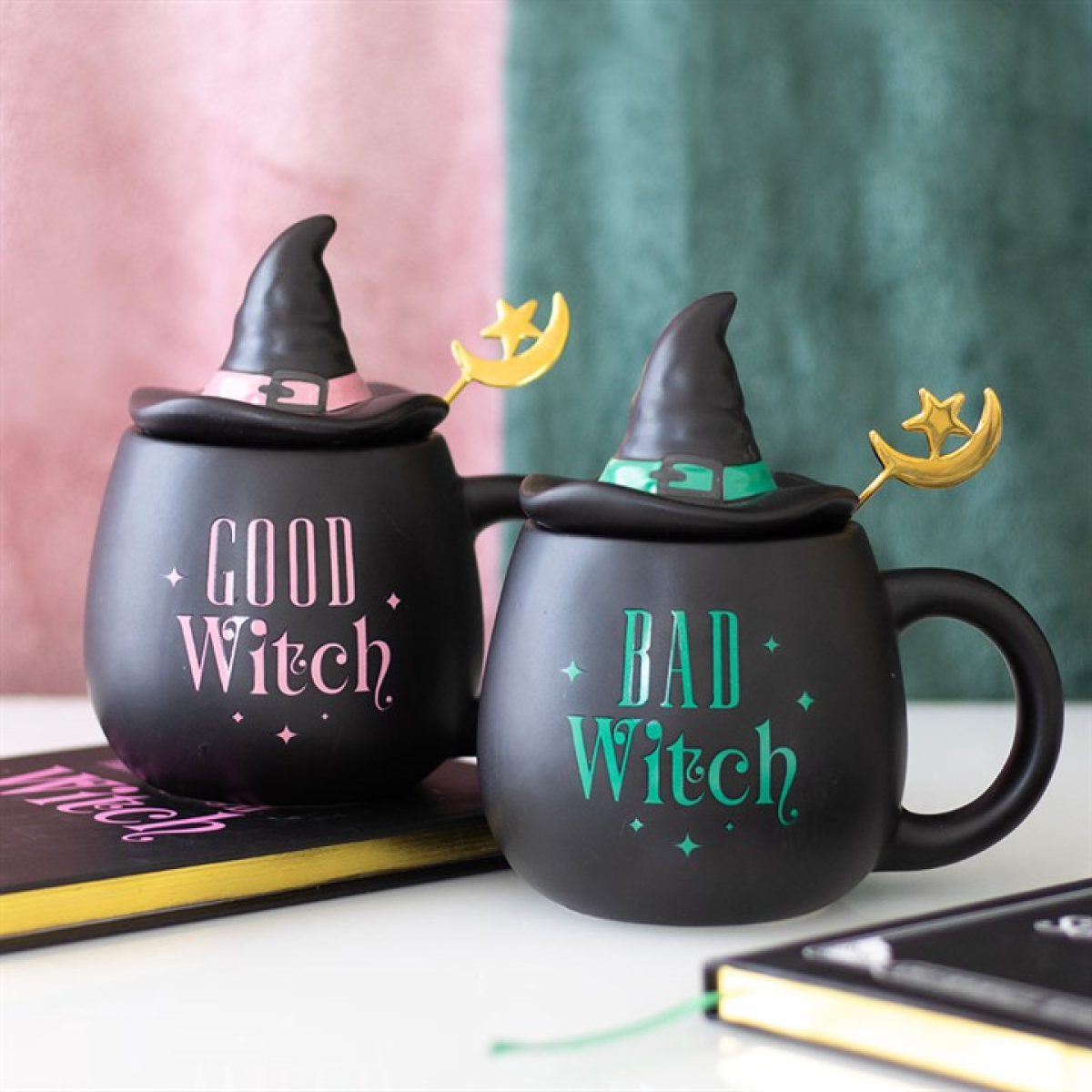 Bad Witch Mug with Hat Lid & Moon Spoon – Green Ceramic Gothic Cup