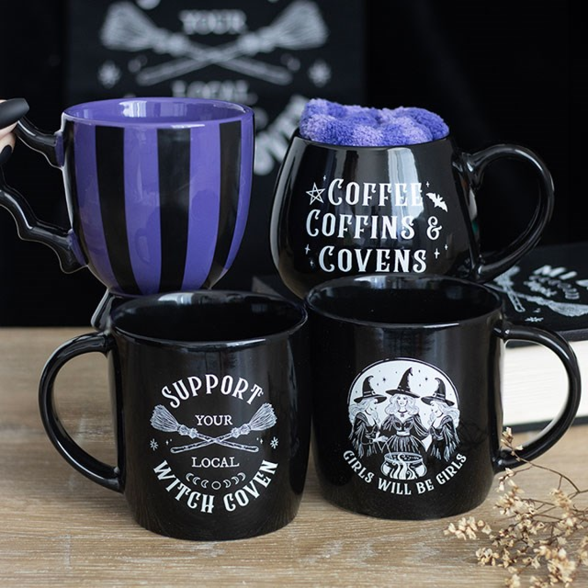Coffee, Coffins & Covens Cauldron Mug & Fluffy Socks Gift Set – Witchy Comfort Duo