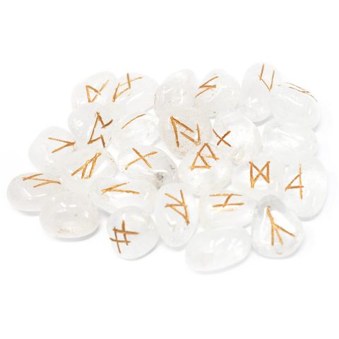 25 hand-carved crystal runes in pouch for divination & rituals. Includes engraved stones made from semi-precious gems like Amethyst or Obsidian.