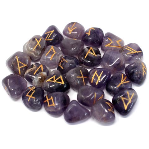 Unlock ancient wisdom with our Amethyst Rune Set, a powerful divination tool steeped in mysticism and history. This set includes 25 hand-carved Amethyst stones—24 engraved with traditional Elder Futhark runes and 1 blank (the "Odin" stone), all nestled in a soft drawstring pouch.

✨ Uses & Benefits of Amethyst:
Amethyst is a revered semi-precious stone known for its calming and spiritual properties. It enhances intuition, supports emotional healing, and provides psychic protection. Often used in meditation,