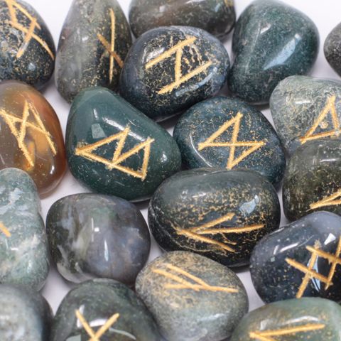Moss Agate Runes Set with Pouch – Healing Semi-Precious Stones