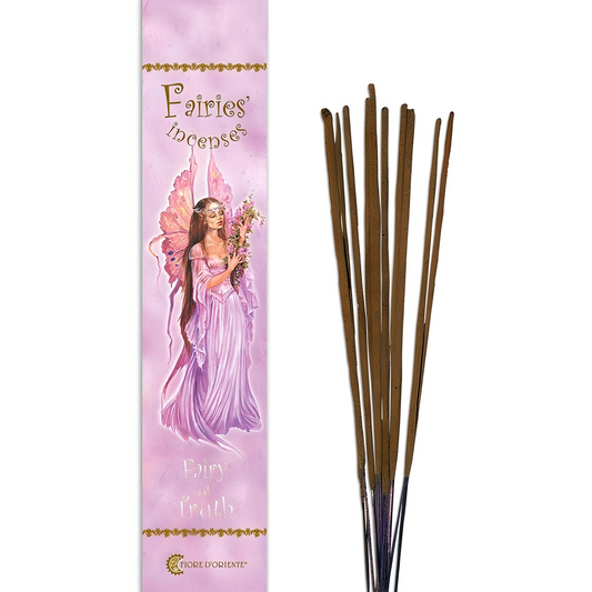 Light this traditional incense to fill your space with a welcoming fragrance crafted especially for the Fairy of Truth. Presented in elegant packaging, each hand-rolled stick is made using time-honored techniques unchanged for over 400 years. Fairies, as vibrant energies bridging Human Reality and the Otherworld, respond to scents and colors as signs of recognition. Made from the purest natural ingredients and essential oils, these incenses embody the gentle spirit of fairies, inviting their presence. The F