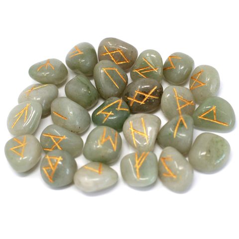 Green Aventurine Rune Set with 25 stones for divination & healing. Enhance intuition, luck & clarity with this crystal rune pouch. Ideal for spiritual use.