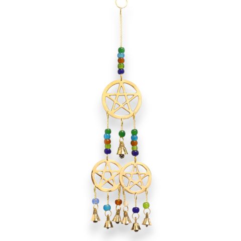 Embodying the sacred tri-pentagram, these brass chimes carry the essence of harmony, protection, and balance. Seven delicate bells sing a gentle, enchanting melody, perfect for weaving calm into your home, garden, or sacred space. At 9.5x32 cm, they hang gracefully in doorways or windows, inviting peaceful energies and mystical tranquility.