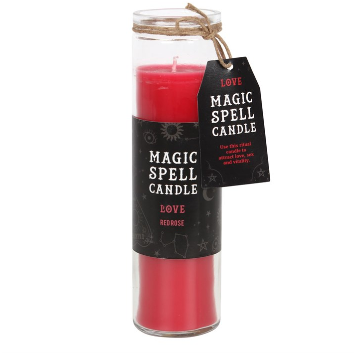 Inspired by traditional 7-day prayer candles, this red pillar candle is contained in a glass jar and scented with rose making it perfect for accompanying spells for love and romance. Paraffin wax. Average burn time of 70 hours. Product Dimensions: H21cm x W6cm x D6cm Packaged Dimensions: H22cm x W7cm x D7cm