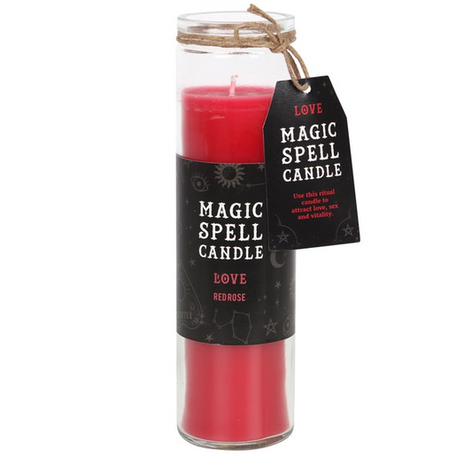 Inspired by traditional 7-day prayer candles, this red pillar candle is contained in a glass jar and scented with rose making it perfect for accompanying spells for love and romance. Paraffin wax. Average burn time of 70 hours. Product Dimensions: H21cm x W6cm x D6cm Packaged Dimensions: H22cm x W7cm x D7cm