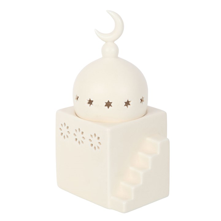 Mosque shaped ceramic multi-purpose burner. Use with fragrance oils, incense cones, bakhoor, or tealights for calming, mystical home décor.