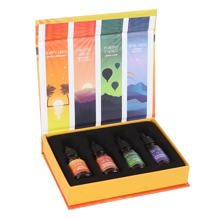 The scents you'll discover in this set are: Happy Vibes - Lemon & Bergamot, Creative Space - Grapefruit & Clary Sage, Positive Energy - Lemon & Lime, Real Calm - Lavender & Patchouli.