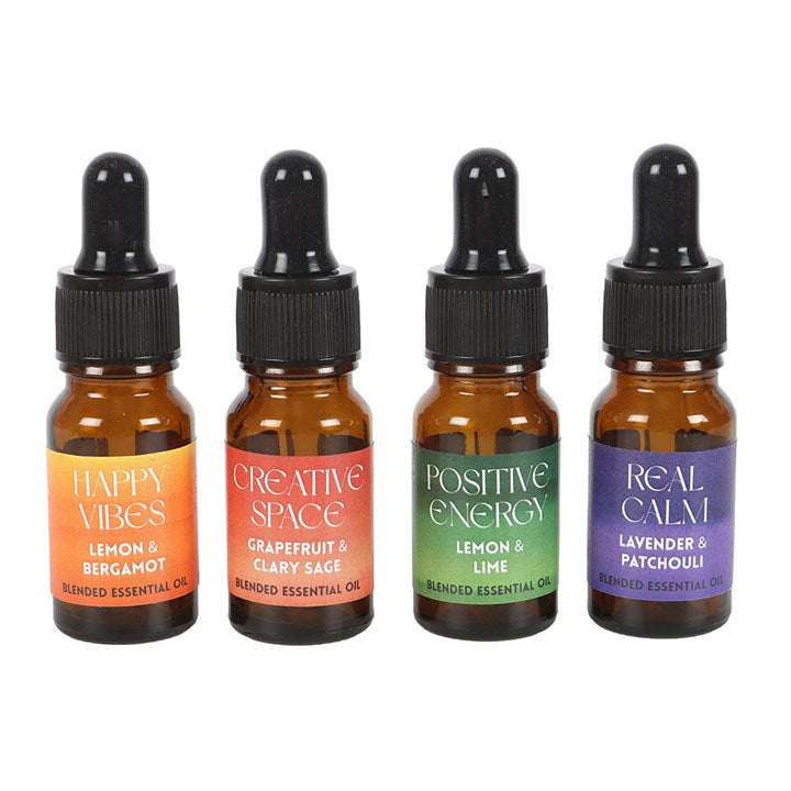 The scents you'll discover in this set are: Happy Vibes - Lemon & Bergamot, Creative Space - Grapefruit & Clary Sage, Positive Energy - Lemon & Lime, Real Calm - Lavender & Patchouli.