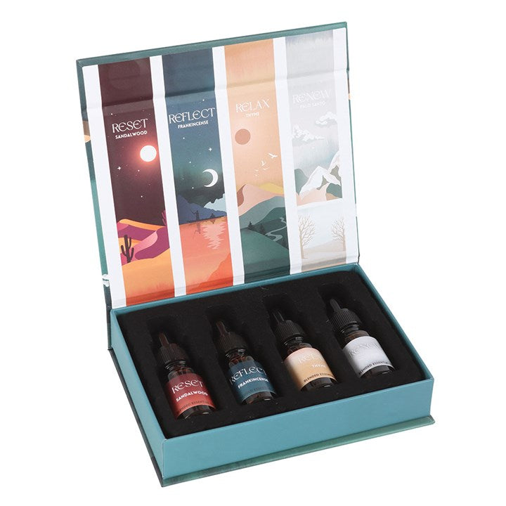 The scents you'll discover in this set are: Reset - Sandalwood, Reflect - Sandalwood, Relax - Thyme, Renew - Palo Santo.