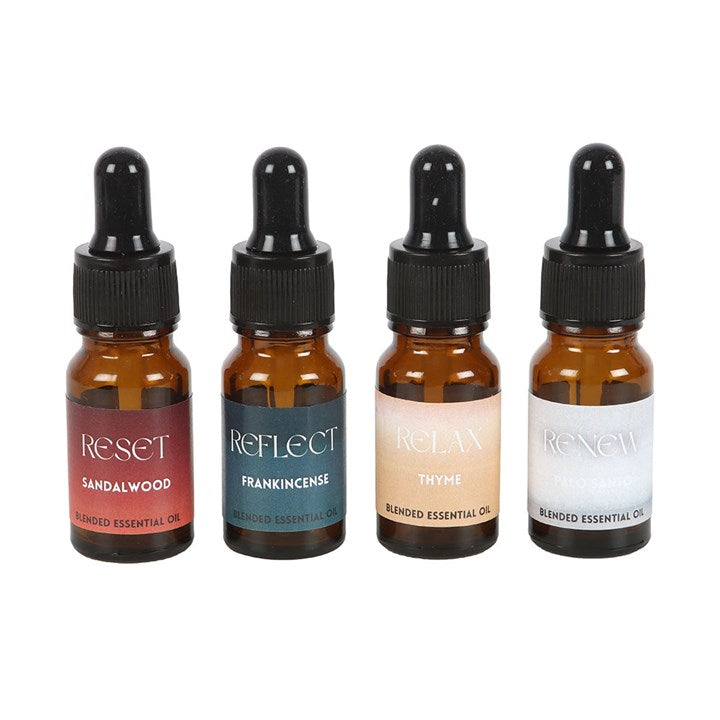 The scents you'll discover in this set are: Reset - Sandalwood, Reflect - Sandalwood, Relax - Thyme, Renew - Palo Santo.