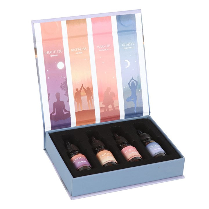 The scents you'll discover in this set are: Gratitude - Orange, Kindness - Ginger, Warmth - Cinnamon, Clarity - Chamomile.