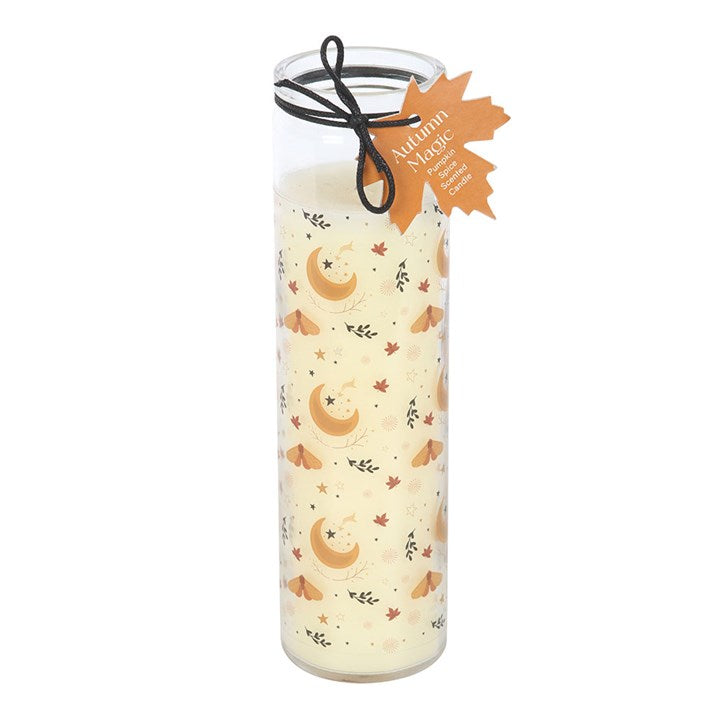 “The scent of autumn is a spell all its own.”
Embrace the season with the Autumn Magic Pumpkin Spice Tube Candle, a glass prayer-style candle adorned with a glowing harvest moon design. Its warm, spiced fragrance fills your space with comfort, protection, and abundance — perfect for seasonal rituals, Samhain gatherings, or simply curling up on a crisp evening. With an approximate burn time of 50 hours, this candle is both practical and deeply enchanting.

In folklore, pumpkin and spice are tied to prosperit