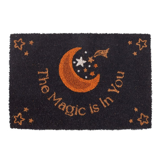 Invite your loved ones into your enchanted sanctuary with this stunning purple doormat. Adorned with a celestial moon and stars motif, it bears the inspiring message, "The Magic is In You." To preserve its charm, keep it sheltered or indoors, as harsh weather may cause the design to fade..