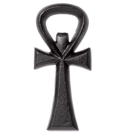 The ancient Egyptian hieroglyph signifying immortality and reincarnation a cross surmounted by a loop symbolising the path of the sun as it crosses the horizon and known in Latin as a crux ansata (ansate, or handle-shaped, cross). As a vivifying talisman, the ankh is held or offered by gods and pharaohs.