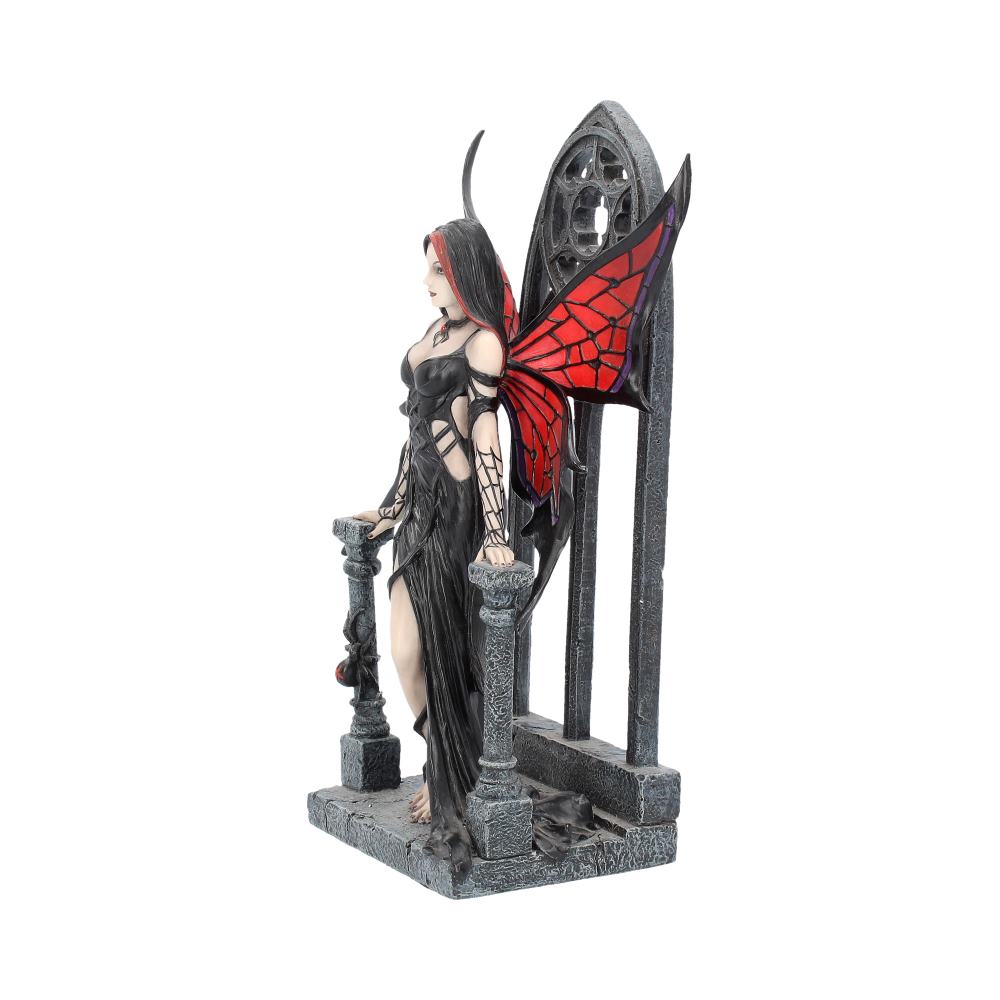 Gothic-style figurine of a woman with red wings standing next to a stone archway on a white background