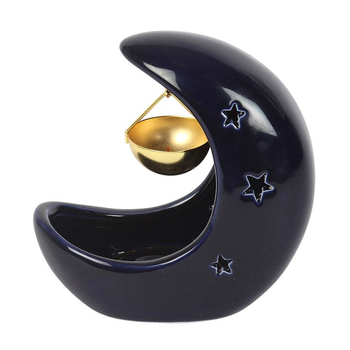 Blue Crescent Moon hanging oil burner with gold dish. Ideal for fragrance oils, altars, and creating a mystical, cosy home atmosphere all year long.