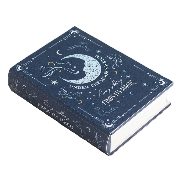 Celestial blue moon book shaped storage box with hidden compartment. Ideal for tarot cards, journals, keepsakes, and spiritual supplies.
