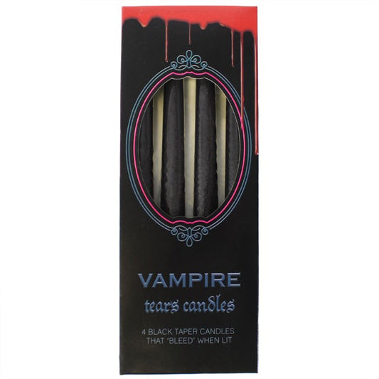 Packaging of 'Vampire Tears Candles' with black candles inside on a white background