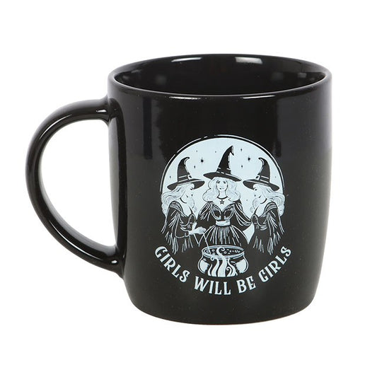 “Three witches, three sisters, three sparks of magic.”
This enchanting black ceramic mug celebrates the sacred bond of sisterhood, featuring three spellbinding witches gathered in unity beneath the phrase “Girls Will Be Girls.” With a 320ml capacity, dishwasher and microwave safe, it is crafted for daily use in your rituals of friendship, laughter, and shared brews.

In witchcraft and folklore, the gathering of three has long been powerful — from the Triple Goddess to the Three Fates, triads of women are se