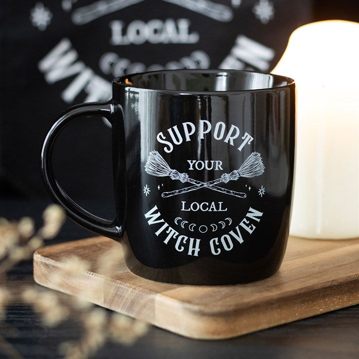 Support Your Local Witch Coven Mug – Crossed Broomsticks Ceramic Cup