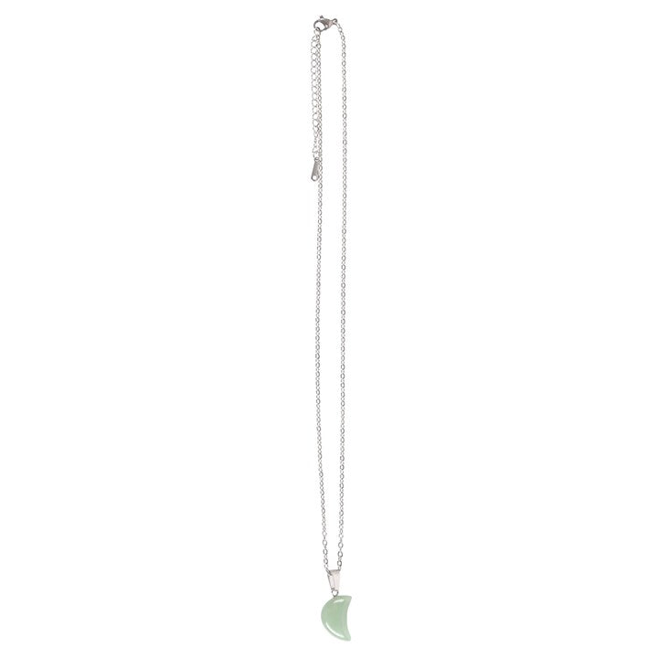 Necklace with a green half-moon pendant on a white background