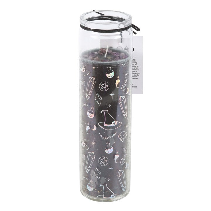 Drawing from the classic 7-day prayer candle tradition, this tube candle is scented with enchanting jasmine and embedded with amethyst chips to encourage tranquility, protection, and inner power. Crafted with vegan paraffin wax, it features a magical design adorned with crystals, witch hats, and potions—ideal for crystal lovers and those drawn to witchcraft. With an approximate burn time of 7 hours (recommended to burn no more than 4 hours at once), it’s a bewitching addition from the Crystal Witch&nbsp;