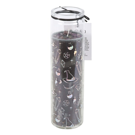 Drawing from the classic 7-day prayer candle tradition, this tube candle is scented with enchanting jasmine and embedded with amethyst chips to encourage tranquility, protection, and inner power. Crafted with vegan paraffin wax, it features a magical design adorned with crystals, witch hats, and potions—ideal for crystal lovers and those drawn to witchcraft. With an approximate burn time of 7 hours (recommended to burn no more than 4 hours at once), it’s a bewitching addition from the Crystal Witch&nbsp;