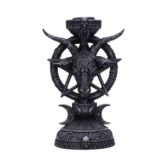 On top of a pentagram forms the head of a triple-horned Sabbatic Goat. Above his head sits a small bowl, which is the perfect fit for your favorite scented candlesticks. Whereas at the base of the holder, a variety of gothic symbols and imagery can be seen, adding to the satanic features of this beautiful piece.