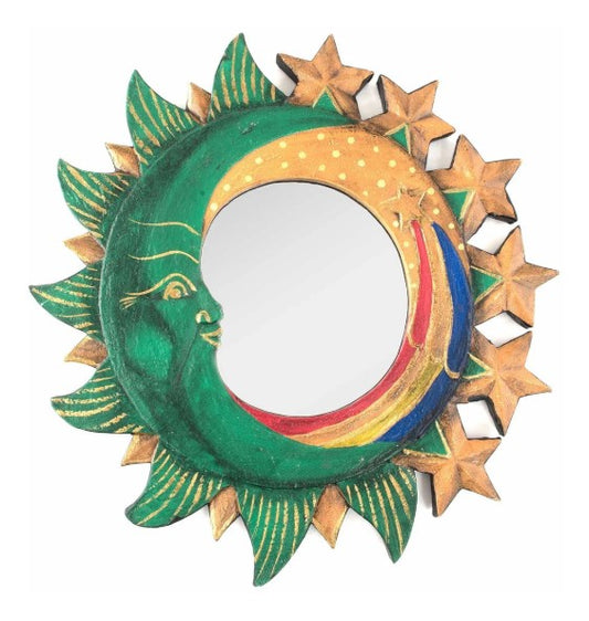 These Celestial Moon and Stars Mirrors are handcrafted and painted in Indonesia. The distinctive sun, moon, and star motifs create a unique aesthetic, while the hoop on the reverse provides easy and secure hanging. Each mirror also has slight variations in color due to the handmade nature of the item, making every piece one of a kind. 