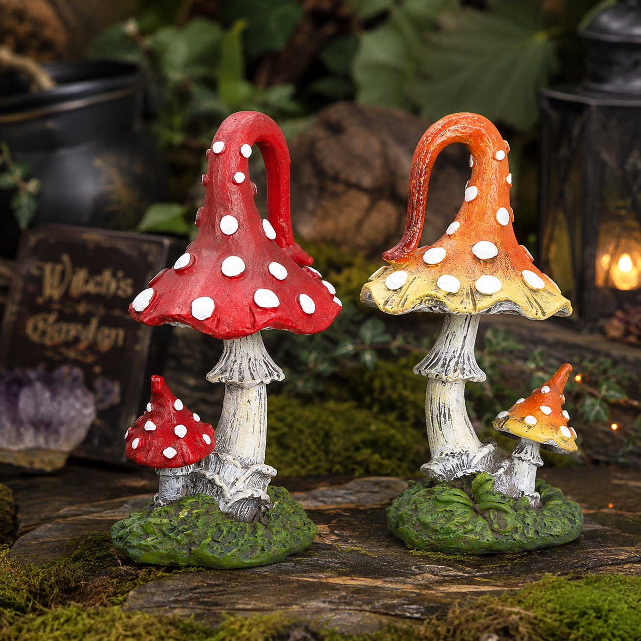 Three decorative mushroom garden figurines displayed on mossy logs outdoors, with blurred foliage and a lantern in the background. The set includes two larger mushrooms and one smaller one, with color variations including red, orange, yellow, white spots, and green bases.