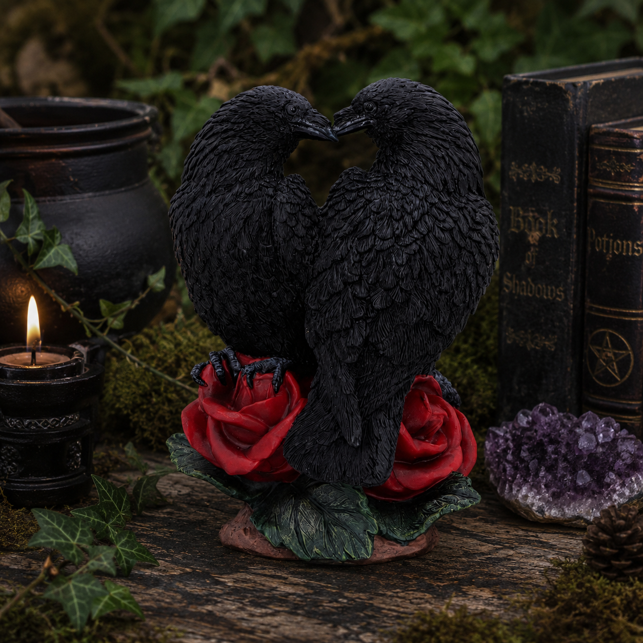 Embrace the darker side of romance with the Nemesis Now Raven Romance Figurine, a beautifully sculpted gothic ornament featuring two mysterious black ravens perched together among deep red roses.