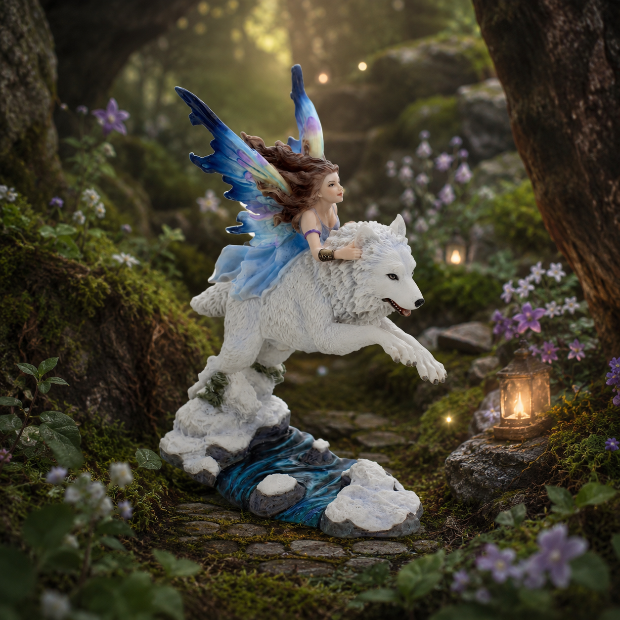 Nemesis Now Free Spirit 23.5cm fairy figurine riding a majestic white winter wolf with colourful blue and purple wings.