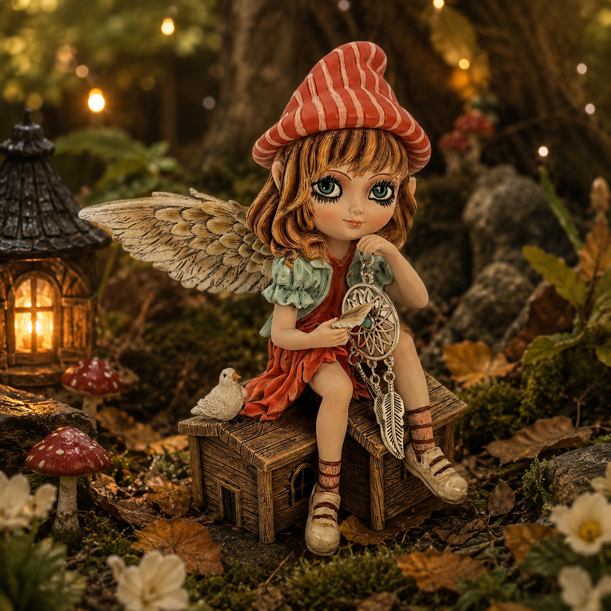 Autumn Fae 17cm fairy figurine sitting on a cottage with a white bird, orange dress, toadstool hat, angel-like wings and dream catcher with blue jewel.